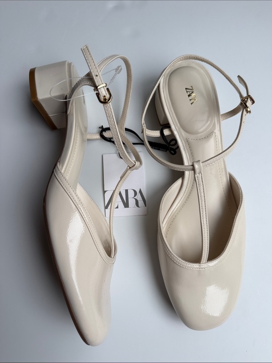 Zara Shoes - ZARA Cream Patent Leather T-Strap Low Block Heels Size 8